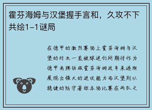 霍芬海姆与汉堡握手言和，久攻不下共绘1-1谜局